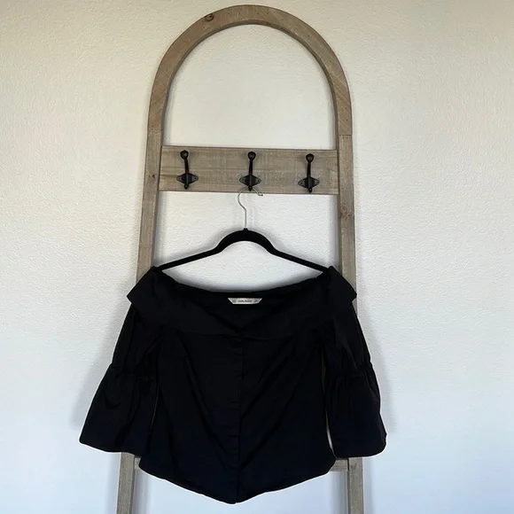 Zara Off Shoulder Button Up 3/4 Sleeve Black Shirt Size M - Picture 5 of 11